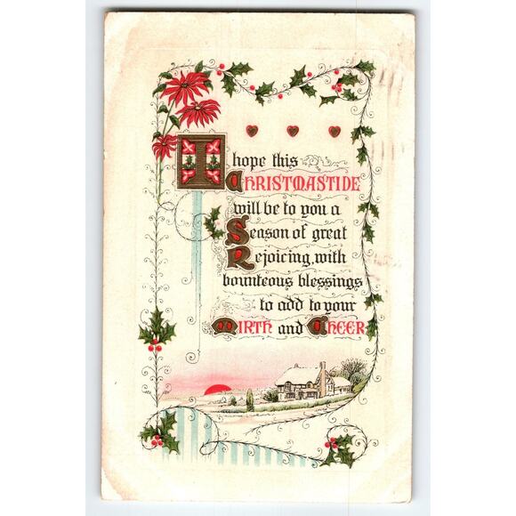 Vintage 1916 Christmas Postcard with Holly & Cottage Scene - Picture 1 of 2